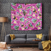 Hawaiian Island Shapes-Iconic Landscape Tapestry with Plumeria and Palaka Pink Color