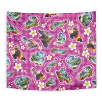 Hawaiian Island Shapes-Iconic Landscape Tapestry with Plumeria and Palaka Pink Color