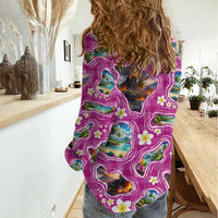 Hawaiian Island Shapes-Iconic Landscape Women Casual Shirt with Plumeria and Palaka Pink Color