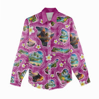 Hawaiian Island Shapes-Iconic Landscape Women Casual Shirt with Plumeria and Palaka Pink Color