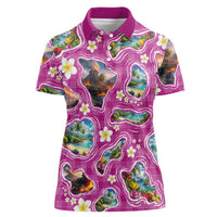 Hawaiian Island Shapes-Iconic Landscape Women Polo Shirt with Plumeria and Palaka Pink Color