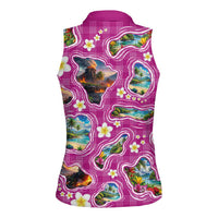 Hawaiian Island Shapes-Iconic Landscape Women Sleeveless Polo Shirt with Plumeria and Palaka Pink Color