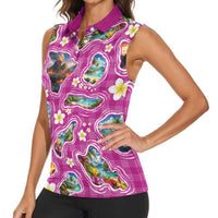Hawaiian Island Shapes-Iconic Landscape Women Sleeveless Polo Shirt with Plumeria and Palaka Pink Color
