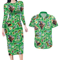 Hawaii Map with Plumeria Flower and Palaka Pattern Couples Matching Long Sleeve Bodycon Dress and Hawaiian Shirt Tropical Island Green Design