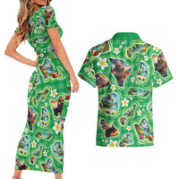 Hawaii Map with Plumeria Flower and Palaka Pattern Couples Matching Short Sleeve Bodycon Dress and Hawaiian Shirt Tropical Island Green Design