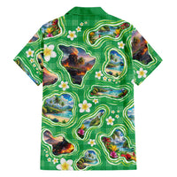 Hawaii Map with Plumeria Flower and Palaka Pattern Family Matching Long Sleeve Bodycon Dress and Hawaiian Shirt Tropical Island Green Design