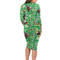 Hawaii Map with Plumeria Flower and Palaka Pattern Family Matching Long Sleeve Bodycon Dress and Hawaiian Shirt Tropical Island Green Design