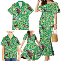 Hawaii Map with Plumeria Flower and Palaka Pattern Family Matching Mermaid Dress and Hawaiian Shirt Tropical Island Green Design
