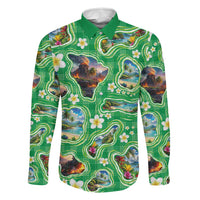 Hawaii Map with Plumeria Flower and Palaka Pattern Family Matching Off The Shoulder Long Sleeve Dress and Hawaiian Shirt Tropical Island Green Design