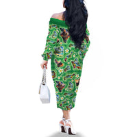 Hawaii Map with Plumeria Flower and Palaka Pattern Family Matching Off The Shoulder Long Sleeve Dress and Hawaiian Shirt Tropical Island Green Design