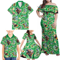 Hawaii Map with Plumeria Flower and Palaka Pattern Family Matching Off Shoulder Maxi Dress and Hawaiian Shirt Tropical Island Green Design