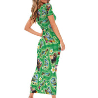 Hawaii Map with Plumeria Flower and Palaka Pattern Family Matching Short Sleeve Bodycon Dress and Hawaiian Shirt Tropical Island Green Design