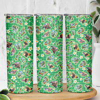 Hawaii Map with Plumeria Flower and Palaka Pattern Skinny Tumbler Tropical Island Green Design