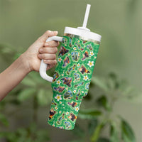 Hawaii Map with Plumeria Flower and Palaka Pattern Tumbler With Handle Tropical Island Green Design LT03 - Polynesian Pride