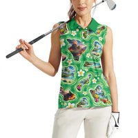 Hawaii Map with Plumeria Flower and Palaka Pattern Women Sleeveless Polo Shirt Tropical Island Green Design