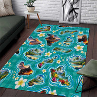 Hawaii Map with Plumeria Flower and Palaka Pattern Area Rug Tropical Island Teal Design