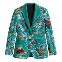 Hawaii Map with Plumeria Flower and Palaka Pattern Blazer Tropical Island Teal Design