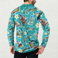 Hawaii Map with Plumeria Flower and Palaka Pattern Button Sweatshirt Tropical Island Teal Design