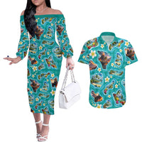 Hawaii Map with Plumeria Flower and Palaka Pattern Couples Matching Off The Shoulder Long Sleeve Dress and Hawaiian Shirt Tropical Island Teal Design