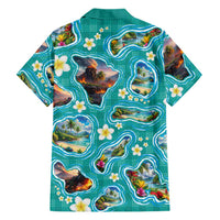 Hawaii Map with Plumeria Flower and Palaka Pattern Family Matching Long Sleeve Bodycon Dress and Hawaiian Shirt Tropical Island Teal Design