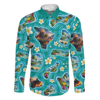 Hawaii Map with Plumeria Flower and Palaka Pattern Family Matching Off The Shoulder Long Sleeve Dress and Hawaiian Shirt Tropical Island Teal Design