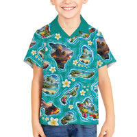 Hawaii Map with Plumeria Flower and Palaka Pattern Family Matching Off The Shoulder Long Sleeve Dress and Hawaiian Shirt Tropical Island Teal Design