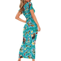 Hawaii Map with Plumeria Flower and Palaka Pattern Family Matching Short Sleeve Bodycon Dress and Hawaiian Shirt Tropical Island Teal Design
