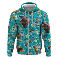 Hawaii Map with Plumeria Flower and Palaka Pattern Hoodie Tropical Island Teal Design