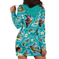 Hawaii Map with Plumeria Flower and Palaka Pattern Hoodie Dress Tropical Island Teal Design LT03 - Polynesian Pride