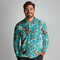 Hawaii Map with Plumeria Flower and Palaka Pattern Long Sleeve Polo Shirt Tropical Island Teal Design LT03 - Polynesian Pride