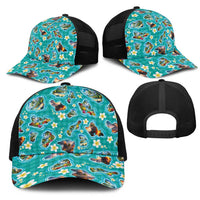 Hawaii Map with Plumeria Flower and Palaka Pattern Mesh Trucker Cap Tropical Island Teal Design