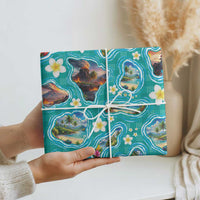 Hawaii Map with Plumeria Flower and Palaka Pattern Wrapping Paper Tropical Island Teal Design LT03 - Polynesian Pride