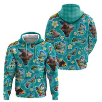 Hawaii Map with Plumeria Flower and Palaka Pattern Zip Hoodie Tropical Island Teal Design LT03 - Polynesian Pride