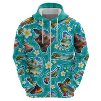 Hawaii Map with Plumeria Flower and Palaka Pattern Zip Hoodie Tropical Island Teal Design LT03 - Polynesian Pride