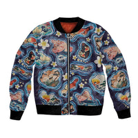 Hawaii Islands Map Design with Japanese Landscape Bomber Jacket Hawaiian Japan Fusion Art Navy Color LT03 Unisex Navy - Polynesian Pride