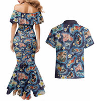 Hawaii Islands Map Design with Japanese Landscape Couples Matching Mermaid Dress and Hawaiian Shirt Hawaiian Japan Fusion Art Navy Color