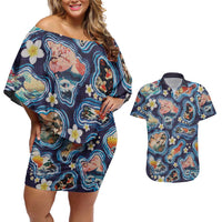 Hawaii Islands Map Design with Japanese Landscape Couples Matching Off Shoulder Short Dress and Hawaiian Shirt Hawaiian Japan Fusion Art Navy Color