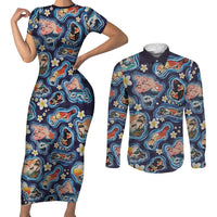 Hawaii Islands Map Design with Japanese Landscape Couples Matching Short Sleeve Bodycon Dress and Long Sleeve Button Shirt Hawaiian Japan Fusion Art Navy Color