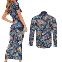 Hawaii Islands Map Design with Japanese Landscape Couples Matching Short Sleeve Bodycon Dress and Long Sleeve Button Shirt Hawaiian Japan Fusion Art Navy Color