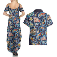 Hawaii Islands Map Design with Japanese Landscape Couples Matching Summer Maxi Dress and Hawaiian Shirt Hawaiian Japan Fusion Art Navy Color