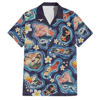 Hawaii Islands Map Design with Japanese Landscape Family Matching Long Sleeve Bodycon Dress and Hawaiian Shirt Hawaiian Japan Fusion Art Navy Color