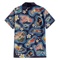 Hawaii Islands Map Design with Japanese Landscape Family Matching Long Sleeve Bodycon Dress and Hawaiian Shirt Hawaiian Japan Fusion Art Navy Color