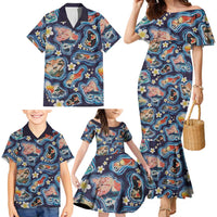 Hawaii Islands Map Design with Japanese Landscape Family Matching Mermaid Dress and Hawaiian Shirt Hawaiian Japan Fusion Art Navy Color