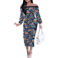 Hawaii Islands Map Design with Japanese Landscape Family Matching Off The Shoulder Long Sleeve Dress and Hawaiian Shirt Hawaiian Japan Fusion Art Navy Color