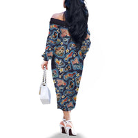 Hawaii Islands Map Design with Japanese Landscape Family Matching Off The Shoulder Long Sleeve Dress and Hawaiian Shirt Hawaiian Japan Fusion Art Navy Color