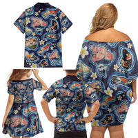 Hawaii Islands Map Design with Japanese Landscape Family Matching Off Shoulder Short Dress and Hawaiian Shirt Hawaiian Japan Fusion Art Navy Color
