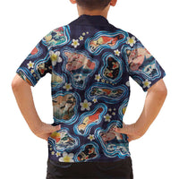 Hawaii Islands Map Design with Japanese Landscape Family Matching Puletasi and Hawaiian Shirt Hawaiian Japan Fusion Art Navy Color