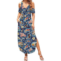 Hawaii Islands Map Design with Japanese Landscape Family Matching Summer Maxi Dress and Hawaiian Shirt Hawaiian Japan Fusion Art Navy Color