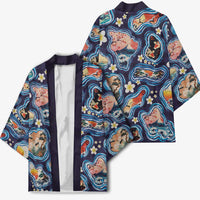 Hawaii Islands Map Design with Japanese Landscape Kimono Hawaiian Japan Fusion Art Navy Color