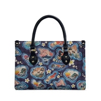 Hawaii Islands Map Design with Japanese Landscape Leather Bag Hawaiian Japan Fusion Art Navy Color